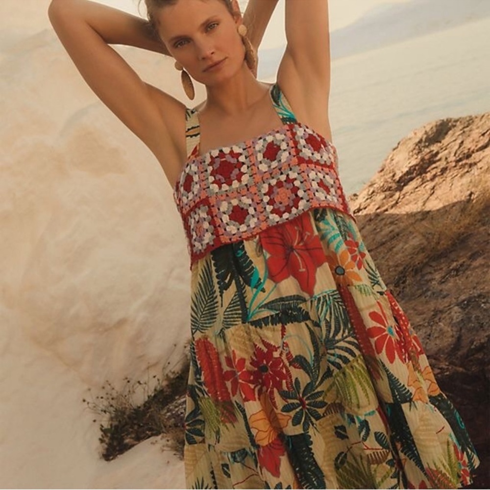 Anthropologie FARM Rio Colorful Floral Granny Square Crochet top Midi Dress Med.